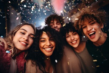 Photo of a group of friends at a New Year's Day party. Cute girls pose for photos. New Year Festival.