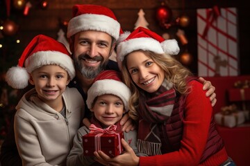 Fototapeta na wymiar Happy family in Santa hats and Christmas gifts