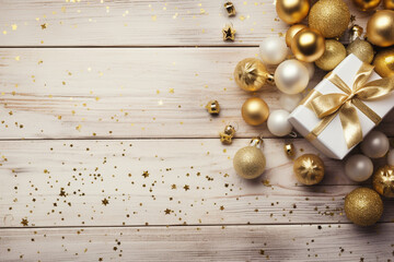 Flat lay with golden baubles on wooden background