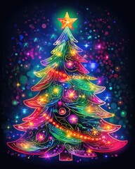 Colorful neon Christmas tree on dark background. Multicolored Christmas tree as symbol of Happy New Year, Merry Christmas holiday celebration. Neon light decoration. Bright shiny design Xmas tree