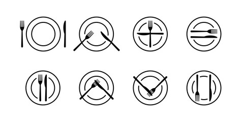 Arrangement of cutlery in table etiquette sign. Language of cutlery, eating rules. Plate, fork and knife for food icon. Rules, table manners. Tableware sign in cafe or restaurant. Vector