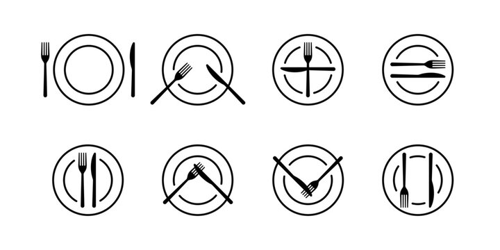 Arrangement of cutlery in table etiquette sign. Language of cutlery, eating rules. Plate, fork and knife for food icon. Rules, table manners. Tableware sign in cafe or restaurant. Vector