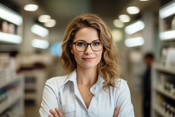 Fototapeta premium Portrait of a charming young Caucasian female pharmacist wearing glasses among shelves of medicines in a pharmacy. Experienced confident professional in the workplace. Healthcare and hygiene concept.