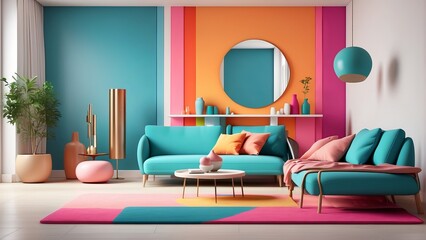 Photo Realistic Modern Living Room with Vibrant Colors, Geometric Shapes, and White Shelves