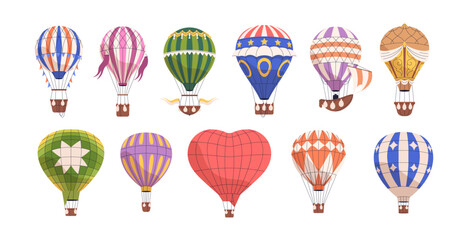Hot air balloons set. Aerial baloon with basket in flight. Flying airballoons travel. Hotair transport floating. Aerostats for sky adventure. Flat vector illustration isolated on white background