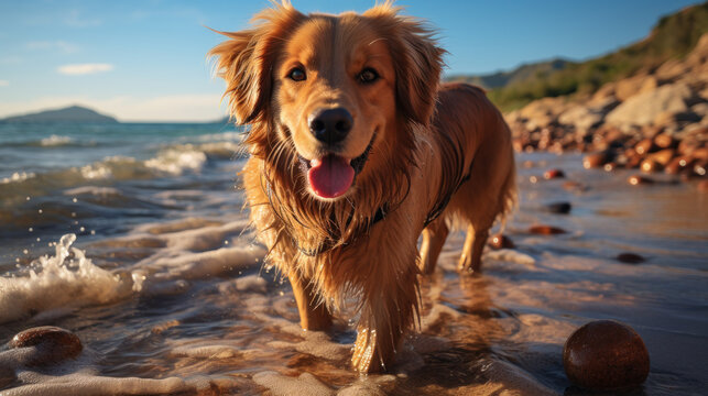 Coastal Companionship: Macro Portrait of Dog on Sandy Beach. Generative AI