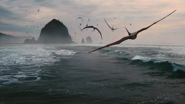 Pteranodon reptiles fly Over Ancient Seas, prehistoric Cretaceous Era