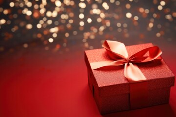 Fototapeta premium Red gift box with gold satin ribbon on the background. Top view of birthday present with space for holiday or Christmas gift.