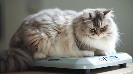 Overweight cat sitting on weight scale