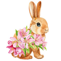 Cute Animal, Bunny in pink apple flowers, sakura spring flower. Watercolor Isolated illustration