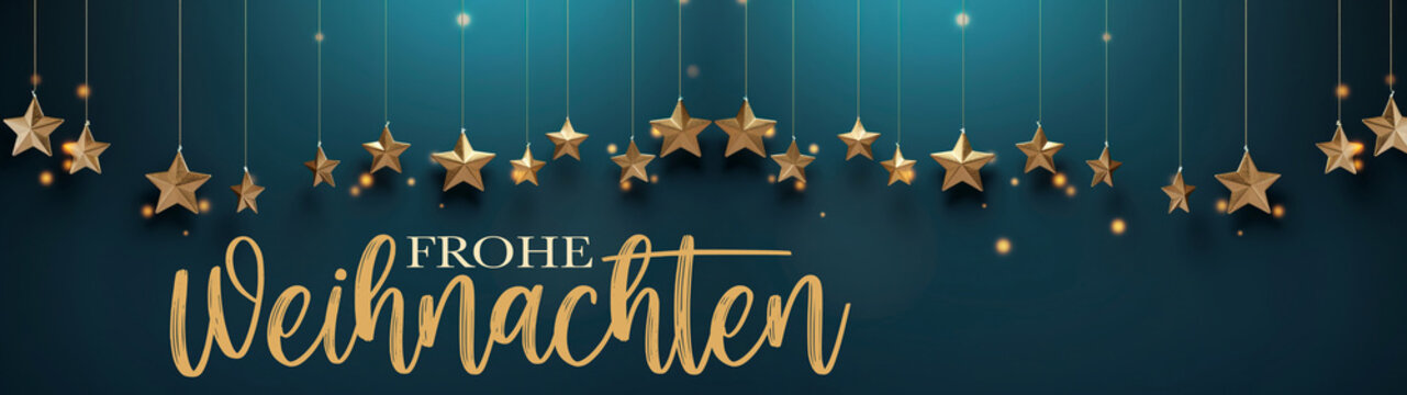 Frohe Weihnachten Banner Grußkarte mit deutschem Text - Goldene hängende Sterne auf dunklem blauen Hintergrund.