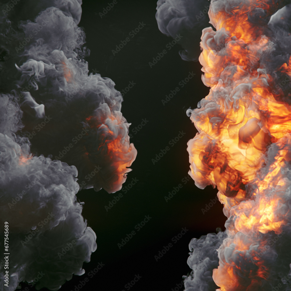 Poster hot fiery explosion with smoke on dark background. glow effect. 3d rendering digital illustration