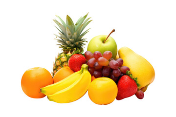 Pile of fruits such as pineapple,apple,strawberry,orange,banana and grape on transparent background.