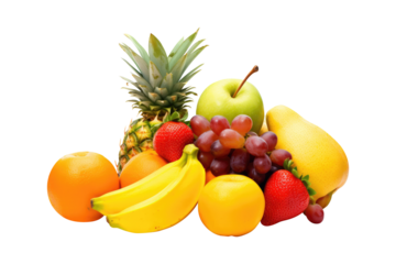 Pile of fruits such as pineapple,apple,strawberry,orange,banana and grape on transparent background.