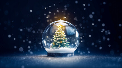 Fototapeta na wymiar Christmas ball in the snow. Shiny Christmas Tree In Snow Globe.