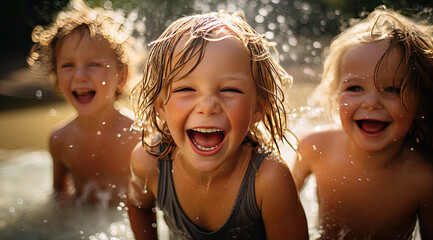  young children playing in the water with splash water - Powered by Adobe