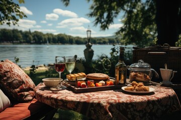 Picnic with flowers, wine, cheese and bread near river