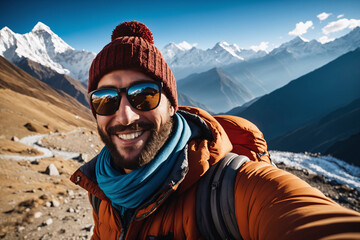 Ein junger hübscher Mann macht ein Selfie von sich. Er trägt Outdoorkleidung eine Kopfbedeckung und eine Sonnenbrille. Im Hintergrund sind schneebedeckte Berge und Gletscher. - obrazy, fototapety, plakaty