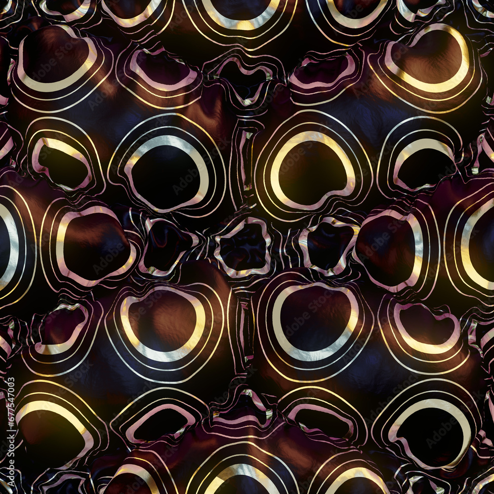 Fototapete abstract pattern of gold circles on inflatable black material. 3d rendering digital illustration bac