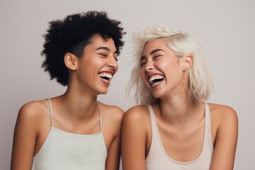 Two interracial best friends laughing and having a good time together in a studio. Portrait of lovely young women, beautiful, diversity, smiling isolated on pastel background. - obrazy, fototapety, plakaty