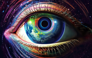 Obraz premium Miracle fantasy space with planet eye or earth.universe and space environmental system concepts.surrealism painting of god looking for human soul.