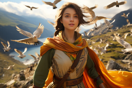 Portrait of young Caucasian woman standing on a rock above picturesque sea coast. Beautiful girl dressed in the retro costume with leather belt and flowing colored cloak. Seagulls fly over the coast.