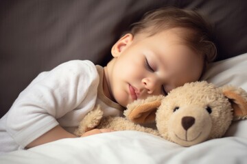 Obraz na płótnie Canvas Baby sleeps with plush toy, Generative AI