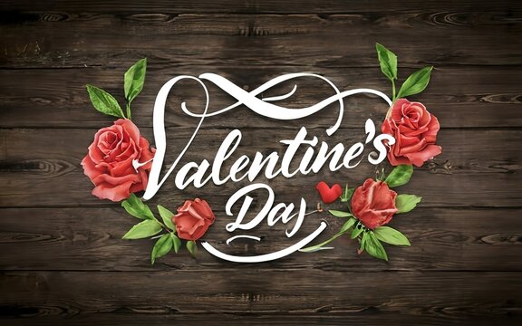 Valentine's Day calligraphy logo and romantic red rose blossoms Over Rustic Wood Background