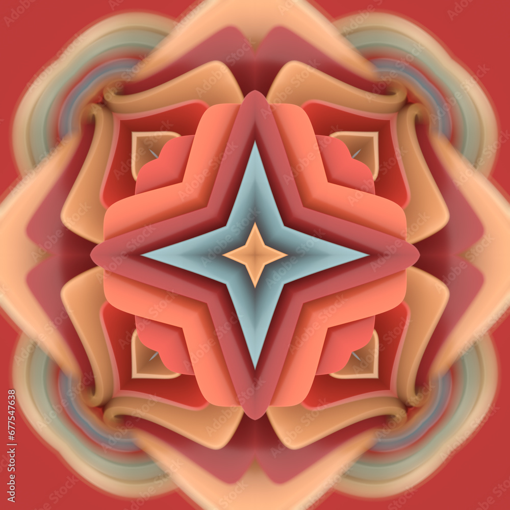Poster Close-up of an abstract artwork with a flower-like pattern of many colorful shapes. 3d rendering digital illustration
