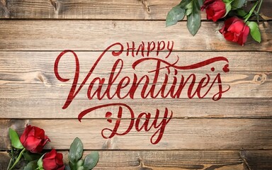 Valentine's Day calligraphy logo and romantic red rose blossoms Over Rustic Wood Background