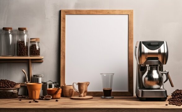Poster frame in the kitchen with home barista equipment, coffee, dripper, grinder. Mock up, Generative AI