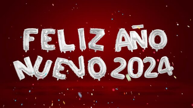 Feliz ano nuevo 2024. Happy New Year 2024. Floating helium balloons on red background. Spanish greeting. Popping silver foil numbers with multicoloured confetti. Horizontal orientation.