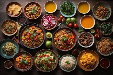 set of various plates of food on background, top view