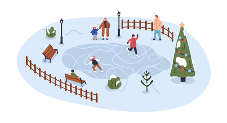 Ice skate rink on winter holidays. Families with children, kids skating outdoors. Tiny people during wintertime vacation activity, fun. Flat graphic vector illustration isolated on white background - obrazy, fototapety, plakaty