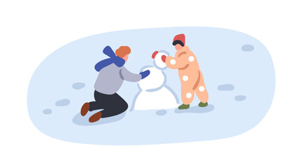 Children building snowman on winter holidays, vacation. Kids making snow man from snowballs, playing outdoors. Wintertime leisure. Flat graphic vector illustration isolated on white background - obrazy, fototapety, plakaty