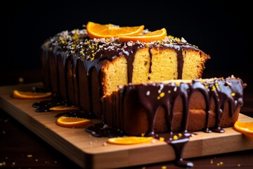 Fototapeta na wymiar Citrus Indulgence: Orange Pound Cake Drizzled with Decadent Dark Chocolate Ganache and Sprinkled with Delight, a Sweet Celebration of Flavors