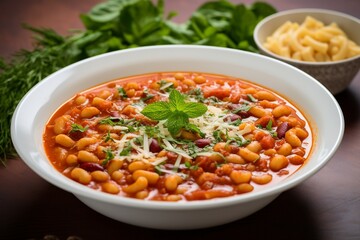 Hearty Comfort: Pasta Fagioli Soup Nestled in a White Bowl, Garnished with Fresh Herbs for a Wholesome and Flavorful Delight