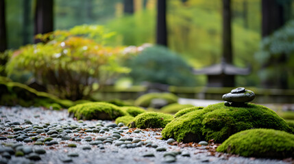 A serene Zen garden, with raked gravel and moss as the background, during a tranquil meditation session - obrazy, fototapety, plakaty