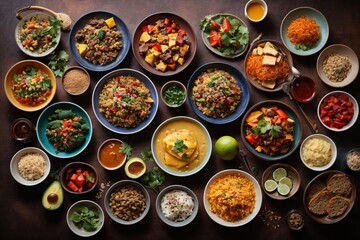 set of various plates of food on background, top view - obrazy, fototapety, plakaty