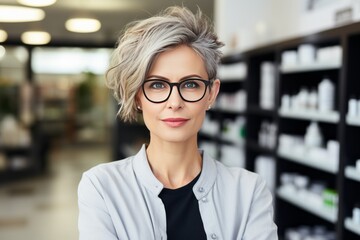 Portrait of a charming mature Caucasian female pharmacist wearing glasses among shelves of medicines in a pharmacy. Experienced confident professional in the workplace. Copy space.