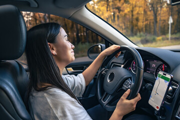 Attractive young woman driving a car, view from inside.
