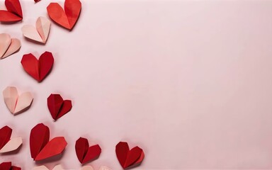 Valentine's Day on February 14th pink background crafted paper hearts copy space