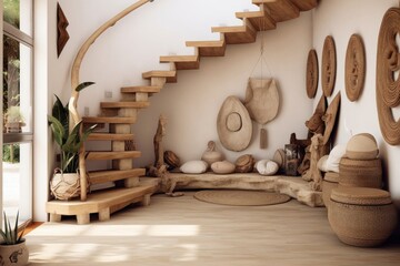Boho interior design of modern entrance hall with wooden staircase and rustic decor pieces. Generative AI