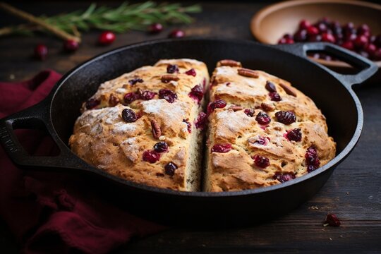 Rustic Elegance: Soda Bread with Cranberries and Pecans Baked to Perfection in a Cast Iron Pan, a Nutty and Fruity Delight