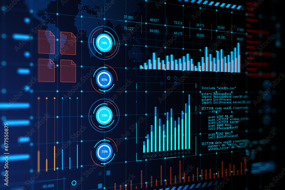 Poster Interactive data analysis interface with graphs and metrics. 3D Rendering