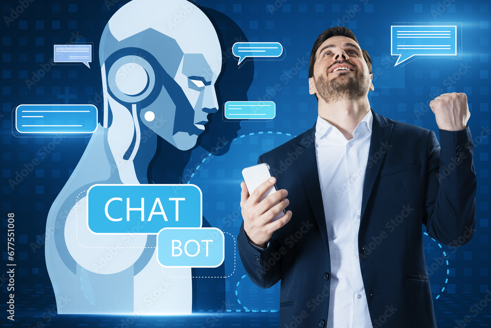 Poster portrait of happy european businessman celebrating success with creative glowing robot and chat ai h
