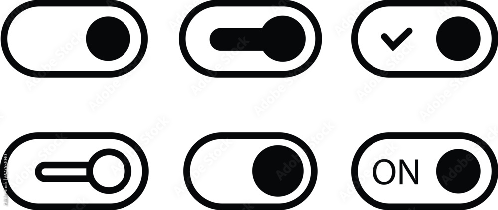 Poster black on toggle switch buttons icons set. switch toggle button on element. open and active vectors. 