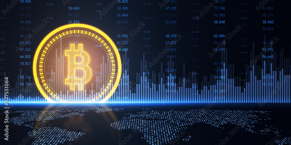 Poster bitcoin cryptocurrency coin on digital world map background. 3d rendering