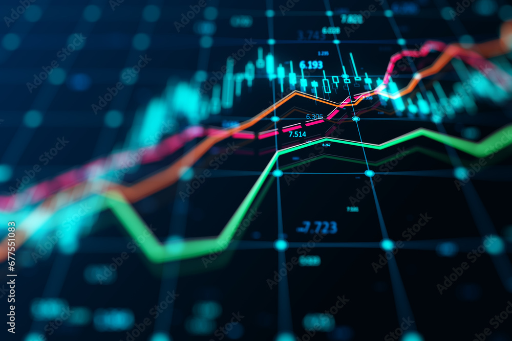 Poster Abstract Stock Market Analysis Interface on Blue Background. 3D Rendering