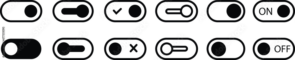 Poster black on and off toggle switch buttons icons set. open and close, active and inactive vectors. mater